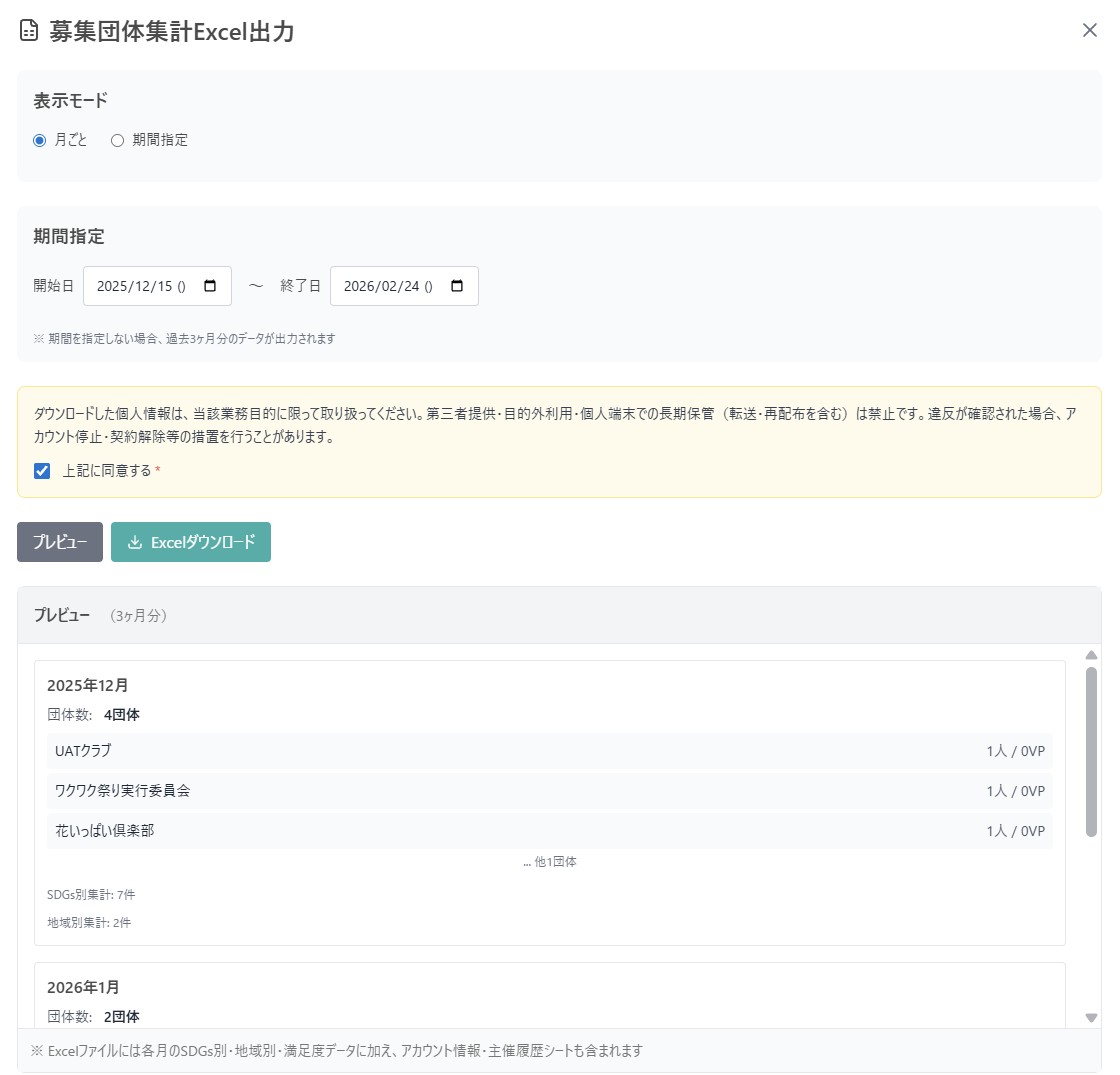 実績データ一覧画面